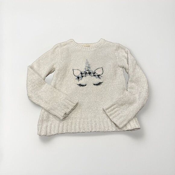 Btween Chenile Sweater Girls Sz 8 Sequin Unicorn White/ Silver Pullover Top - Picture 1 of 5